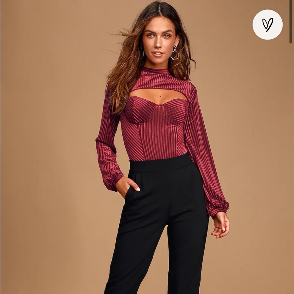 Lulus Always Alluring Burgundy Stripped Velvet Cutout Bodysuit